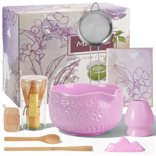 Matcha Set, Matcha-Sets zum Rühren von Tee, handgefertigter Matcha-Schneebesen, Matcha-Schale aus Keramik mit Ausguss, Matcha-Schale(Lila)