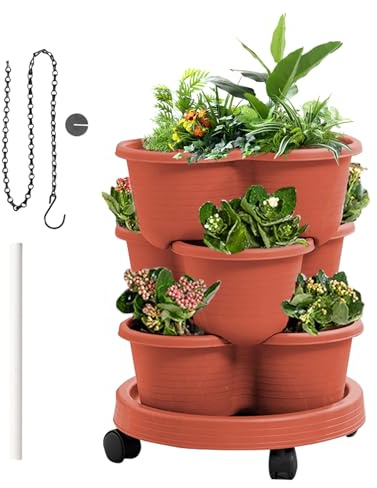 Torre para huerto vertical | Maceta para fresas, torre de 3 pisos con ruedas extraíbles y accesorios para verduras, fresas, flores de cocina, balcón, jardín exterior terraza
