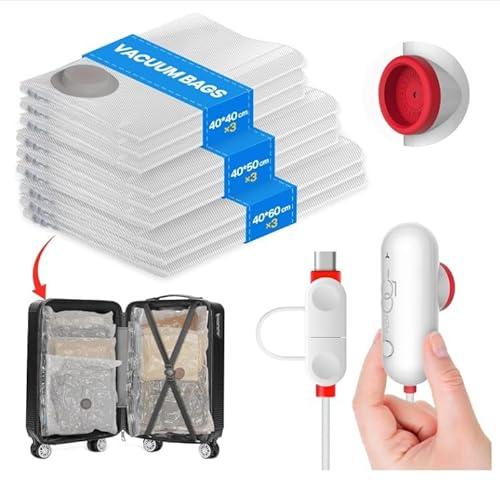 Sacchetti sottovuoto per vestiti con pompa elettrica USB, set da 9 pezzi, per organizzazione di viaggi e stoccaggio, salvaspazio, fino all'80% per vestiti, biancheria da letto, 3 misure, colore: blu