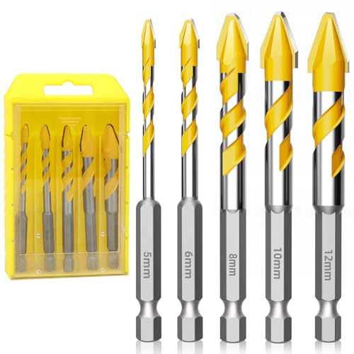 5 Piezas Brocas Porcelanico Kit,5/6/8/10/12mm Juego de Brocas de Cerámica | Broca de Carburo para Perforación, para Cerámica, Gres Porcelánico, Azulejos y Más