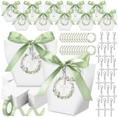 Faccito Lot de 30 Boîtes à Dragées Baptême avec Porte-Clés Croix & Ruban | Étiquettes Eucalyptus Vierges Incluses | Ensemble pour Communion, Mariage & Cérémonie Religieuse