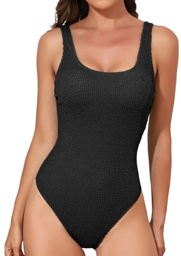 Fjquamitix Swimming Costume Women Ribbed One Piece Swimsuit Monokini Tummy Control Swimwear with Removable Foam Cups Push Up U-Neck Back Ladies Swimwear (UK, Alpha, M, Regular, Regular, Black)