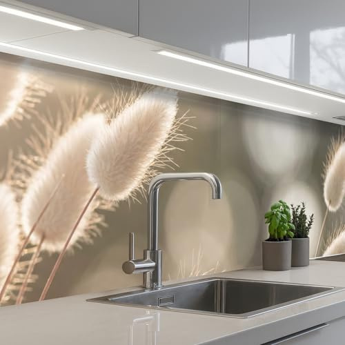 KitchenYeah© Rückwand Küche Rückwandschutz Selbstklebend Spritzschutz | 60x250 cm - Küchenrückwand Küchenfront Küchen Selbstklebende Küchenrückwände Haselschwanzgras - Weiß - Sonnenlicht