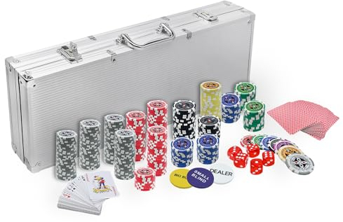 AufuN Pokerkoffer 500 Chips Laser Pokerchips 12 Gramm Metallkern, inkl. 2X Pokerdecks, 5X Würfel, Dealer Button, Big Blind, Little Blind, Poker-Set mit Silber Aluminium Gehäuse mit 2 Schlüssel