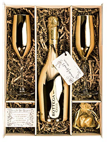 Bottega Gold Prosecco DOC 75cl Gift Set Hamper With 2 Metallic Gold Champagne Flutes, Chocolates and Gift Box - Birthday, Congratulations Gift, For Women and Men (Metallic Tops)