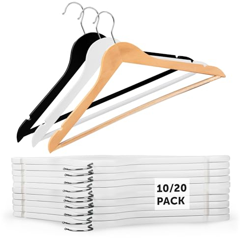 Blumtal Perchas de Madera 20 Unidades – Perchas de Madera Maciza con Barra para Pantalones, Ranuras Antideslizantes y Gancho 360° – Blanco