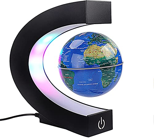 Magnetischer Schwimmender Globus mit farbigen LED-Lichtern C-Form Anti-Schwerkraft-Magnetschwebebahn Rotierende Weltkarte für Geschenk Home Office Schreibtischdekoration (Mit Schalter, Blau)