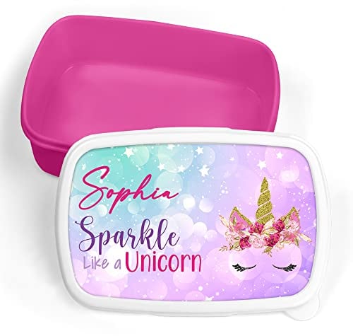 Print Maniacs Personalised Lunch Box Sparkle Unicorn School Sandwich Kids Picnic Snack Food Bag Children's Travel Girls Boys Toddler Box Tub Pack Box (Pink, Add Name)