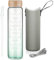 Ferexer Large Motivational Glass Water Bottle with Straw & Time Marker 1 litre / 1l, Wide Mouth Borosilicate Water Bottle with Bamboo Lid and Neoprene Sleeve Green