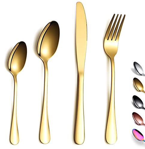 Golden Cutlery Set 24 Pieces,Kyraton Titanium Gold Plated Stainless Steel Tableware Set,Stainless Steel Flatware Flatware Silverware Sets,Dishwasher Safe.