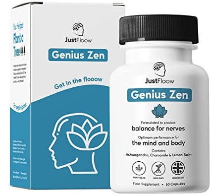JustFloow Genius Zen® Stress Relief Supplement | 9 Active Calming Ingredients| Natural Relief of Anxiousness, Nervousness, and Irritability | Vegan & Gluten Free | 2 Month Supply
