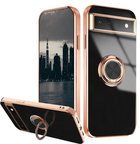 Kompatibel mit Pixel 6A Hülle Silikon TPU,Handyhülle Google Pixel 6A Stoßfesten Ultra Dünn Überzug Schutzhülle mit Magnetische Ring (Schwarz)