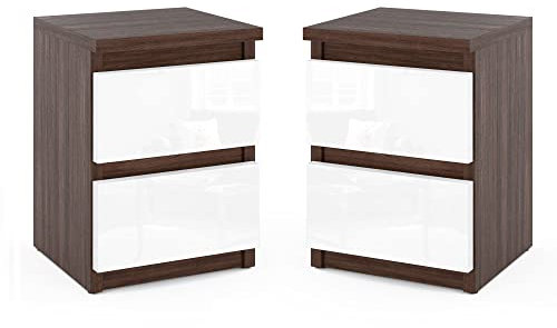 MRBLS Nachttisch 2er Set Nachtschrank Nachtkommode Modern Möbel mit Schubladen Kommode Holz Schubladenschrank für Ihr Schlafzimmer (Wenge - Weiß Glanz) – 30 x 40 x 30 cm (B/H/T)