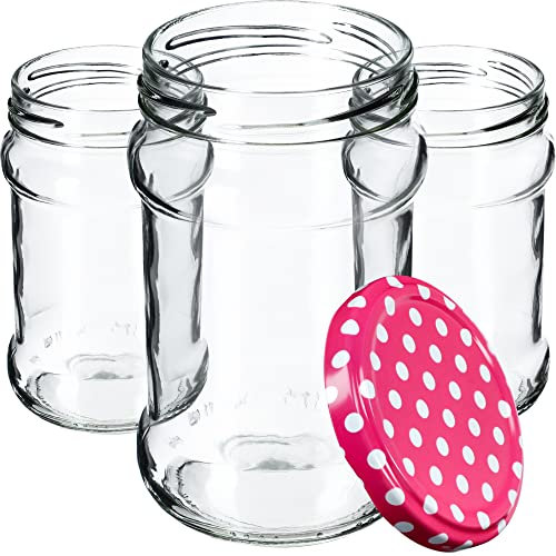 KADAX 100st Einmachgläser 315 ml mit fi66 mm Schraubdeckel für Honig, Dessert, Marmeladen | Luftdichte Gläschen, Einmachglas, Rundgläser, Konfitürengläser, Honiggläser (100 Stück, Rosa gepunktet)
