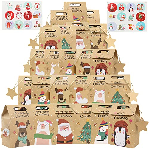 Bigqin 24 Stück Geschenktüten Weihnachten, Braune Kraftpapier Adventskalender Geschenkbox, Weihnachtsgeschenkboxen Geschenke Deko mit Aufklebern und Etiketten