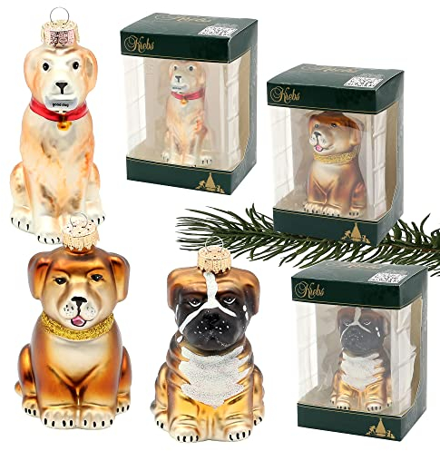 Lauschaer Christbaumschmuck - 3fach Sortiert mit 3 versch. Hunden mit Glitter - Dekor und Goldkrönchen, Größe je Hund ca. 8 cm
