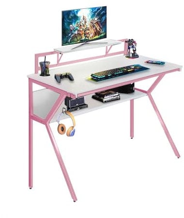 Neo Mesa ergonómica de 2 niveles para juegos de carreras para computadora de oficina, con gancho para auriculares, soporte y estante (rosa)