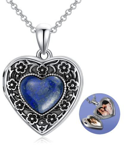 AOBOCO Medaillon Kette Sterling Silber 925 Damen Liebesherz Blume Halskette, Amulett Medaillon zum öffnen für Bilder Foto mit Kristallen, Geschenke für Freundin Frau Mutter (Lapis Lazuli)