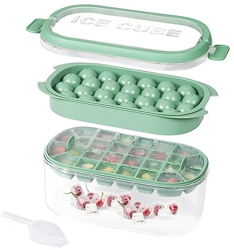 Ice Cube Tray with Lid and Bin, KIKIGOAL Sphere Ice Cube Maker Ice Cube Trays for Freezer, 2 Tiers Ice Cube Ice Tray for Cooling Cocktails & Whiskey with Storage Ice Box, Ice Tong & Scoop