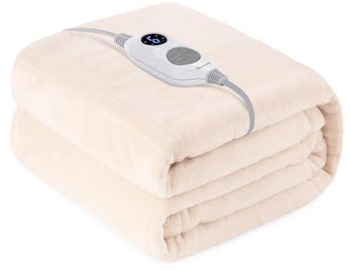 Warmrest Heizdecke mit Abschaltautomatik 130×180 cm 𝐅𝐥𝐚𝐧𝐞𝐥𝐥 Elektrische Wärmedecke Heizdecke, 6 Temperaturstufen und Überhitzungsschutz, Waschbar Heizdecke Kuscheldecke fürs Bett, Beige