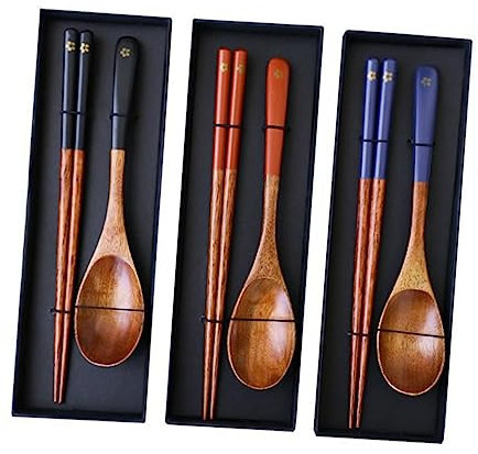 FELTECHELECTR 3 Sets Japanese Style Wooden Spoon Chopsticks Wood Utensils Cutlery Set Salad Woden Spoon Chopsticks Sets Travel Cutlery Set Japanese Chopsticks Suit Wooden Travel Utensils