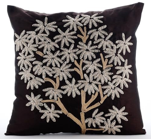 The HomeCentric Marron Funda cojin, Paquete de 2, 45x45 cm Fundas de cojin, Seda Cuadrado Fundas de cojin, zardozi Bordado Yute Bordado Brillante Fundas para almohadones, Floral - The Desert Life