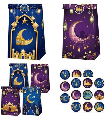 SUCCEFORT 12 Stück Eid Mubarak Kraftpapier Geschenktüten, 12x22cm 2 Stile Ramadan-Geschenktüten Muslim Süßigkeiten Favor Taschen mit 18 Ramadan Aufkleber für Geschenke Verpacken Ramadan Dekoration