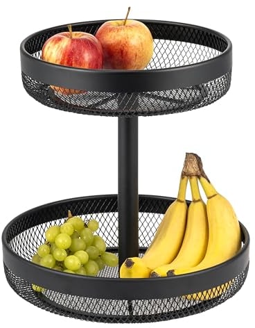 eluno frutero/panera redonda de 2 pisos, frutero decorativo, frutero, cesta de fruta de metal negro, mucho espacio para fruta, verdura, pan y aperitivos en la cocina y en el salón