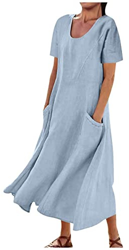Vestido largo de verano de lino y algodón para mujer, sin mangas, elegante, fluido, talla grande, holgado, cómodo, con bolsillos