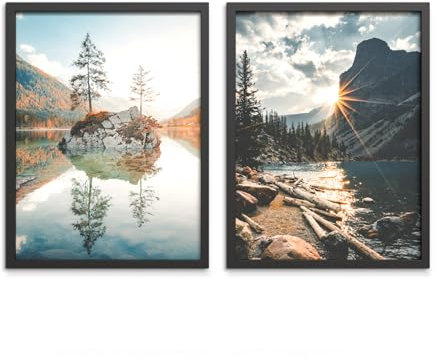 STYLER Bilder Set Scenery 2x 30x40 cm (AUFHÄNGFERTIG) mit hochwertigem Rahmen - Naturlandschaften für Wohnzimmer und Schlafzimmer - Fluss See Landschaft Natur Berge