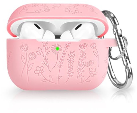 Newseego Funda para Tallar Flores Compatible con Airpods PRO 2 Generación, Bonito Patrón de Silicona Suave a Prueba de Golpes Funda Protectora para Airpods PRO 2 con Mosquetón -Rosa