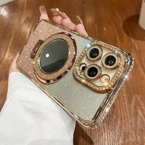 Yepda for iPhone 15 Pro Max Case Bling Magnetic Ring Stand [Military Drop Protection][Compatible with MagSafe] Shiny Diamond Glitter Lens Protector & Makeup Mirror Luxury Cases for Women Girls, Gold