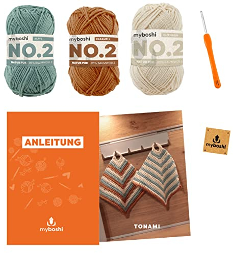 myboshi Häkelset Topflappen Tonami, inkl. No.2 Wolle, Nadel und Anleitung, Häkelpaket 85% Baumwolle, 15% Kapok Beige, Grün mit Häkelnadel