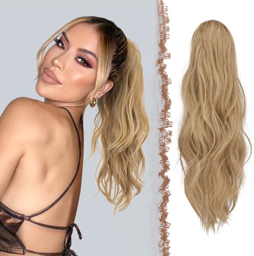 FESHFEN Gewellt Pferdeschwanz Haarteil mit Klammer, 50cm Pferdeschwanz Zopf Extensions Claw Clip in Wavy Ponytail Extension Synthetik Haarverlängerung für Frauen Damen Blond und Aschblond Gemischt