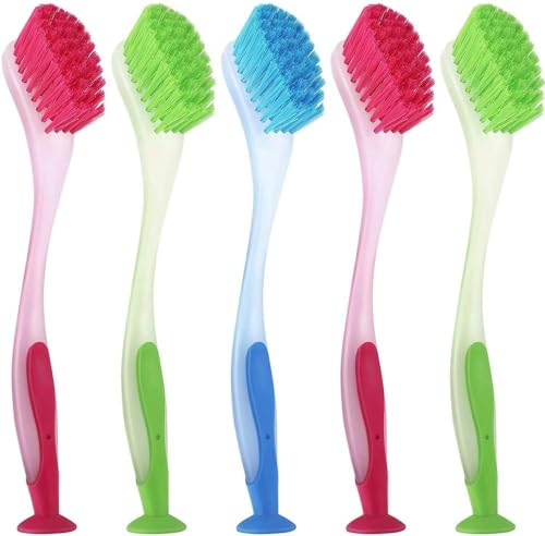 5 Pieces Dishwashing Brush with Suction Cup, Long Handle Cleaning Brush Multipurpose Scrub Tool for Kitchen Toilet Garden - Blue/Green/Pink