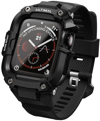 ULTIMAL Case with Band Compatible with Apple Watch Straps Series 6 5 4 SE SE2 SE3 44mm, Rugged Military Grade Protective Bumper Cover for iWatch Strap Men (44mm, Black)