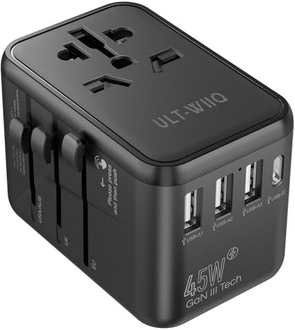ULT-WIIQ Adaptateur Voyage Universel 45W International Adaptateur Prise Universelle avec 3 USB-A et 2 USB-C Adaptateur Prise Universelle Voyage pour USA UK EU Japon Canada etc.