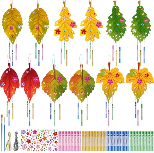 Blatt Windspiel Bastelset, 12 Stück DIY Herbst Windspiel Bastelset Kinder, Holz Blatt Windspiele zum Bemalen, Herbstblatt Klangspiel Kreativsets Set für Mädchen Junge Herbst Erntedankfest