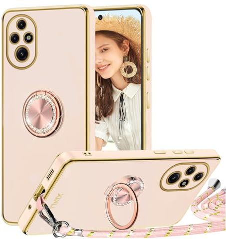 TVVTPU Cover per Honor 200 Pro con Cordino e Anello Supporto, Custodia Sottile Morbido Silicone TPU Antiurto Dorata Placcatura Protettiva Case con Regolabile Collana Tracolla, Rosa