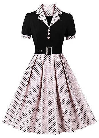 Odizli Robe rockabilly pour femme années 50 vintage Audrey Hepburn manches courtes col en V Polka Dot Swing Coctail, Rose, M