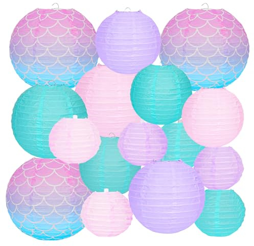 Paper Lanterns Decorative, 16 Pcs Mermaid Theme Paper Lanterns, Pink Purple Blue Chinese Lantern Ceiling Party Decorations for Mermaid Theme Birthday Under Baby Shower Wedding