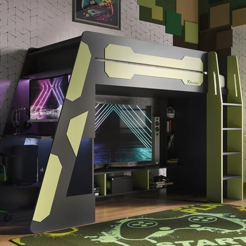 X-Rocker Garrison High Sleeper, Wooden Frame Gaming Bed for Kids, Teens and Juniors, Built-in Gaming Desk and Underbed TV Unit, 90x190cm Gaming Bunk Bed, Compact Bed Design for Boys & Girls - Green