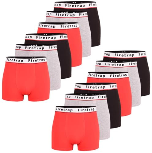 Firetrap Mens 12 Pack Designer Boxer Shorts, Underwear Gift Set Trunks Comfortable Stretch Cotton Plain Colours Mens Briefs Red, Black, Grey S