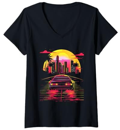 Damen Jdm Car Retro 1980er Miami Vaporwave Grid Outrun T-Shirt mit V-Ausschnitt