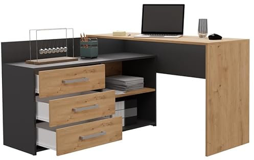 BDW Eckschreibtisch Rechts, 3 Schubladen und 2 Regale, viel Platz zum Entfalten, für Jugendzimmer, Büros und Ateliers, Computertisch, Bürotisch 120x76x50 cm (Anthrazit/Artisan-Eiche)