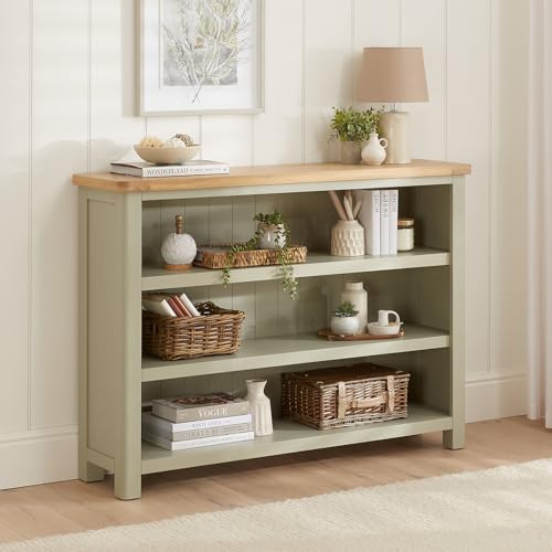 The Furniture Market Marbury Sage Green Painted | Wide Low Large Bookcase | Fully Assembled | 3 Open Shelves | Adjustable Height | Rounded Corners | Country Style | H 970 x W 1350 x D 340mm