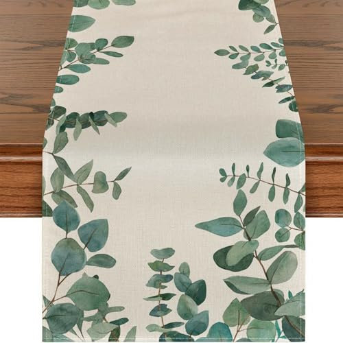 Eukalyptus Sommer Tischläufer Modern - 33 x 183cm Leinenoptik, Abwaschbar für Küche Esstisch, Dekoration Drinnen und Draußen, Urlaub Party Wohnzimmer Dekor