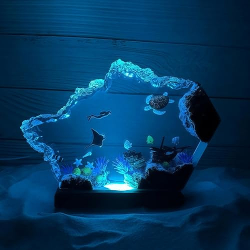 Drawelry 3D Harz Ozean Tier Figuren Nachtlicht Ornamente mit Holz Sockel USB-Kabel Epoxidharz Marine Statue Dekoration Mehrfarbig LED Tischlampe für Wohnzimmer Schlafzimmer Kinderzimmer Deko (A10)