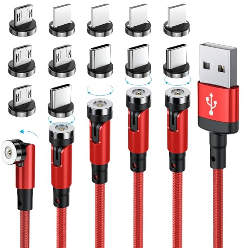 SUNTAIHO Câble de charge magnétique rotatif à 540°, chargeur de téléphone magnétique avec LED [lot de 5, 0,5 m/1 m/2 m/3 m/3 m] Chargeur magnétique 3 en 1 pour micro USB/type C, etc. Câble USB tressé