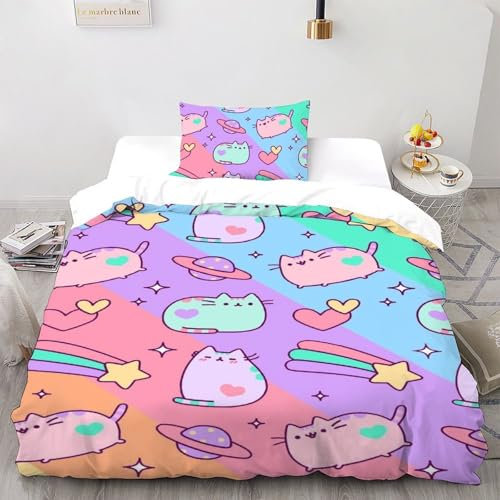 AutumnWinds Corlor Pusheen 2-teiliges Bettwäsche-Set, Bunt Tiers, Ultraweiche Mikrofaser, Luxuriöse Hotelqualität, Für King-Size Betten Single(135x200cm)